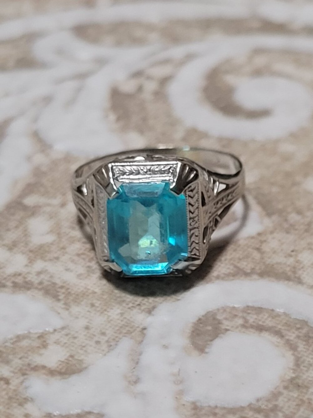 Art Deco Blue Stone Gold Filigree Ring 10k Vintage December Birthstone